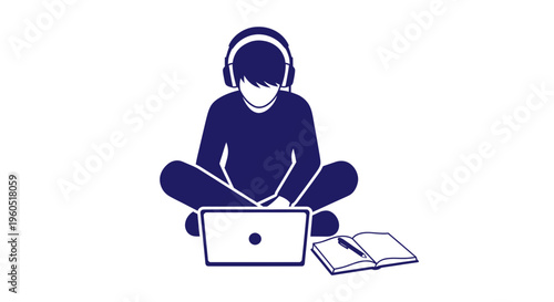 Student with headphones, laptop, and open book, studying remotely or online.