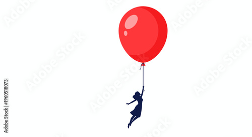 Woman silhouette holding red balloon, flying on white background, concept of freedom and dreams