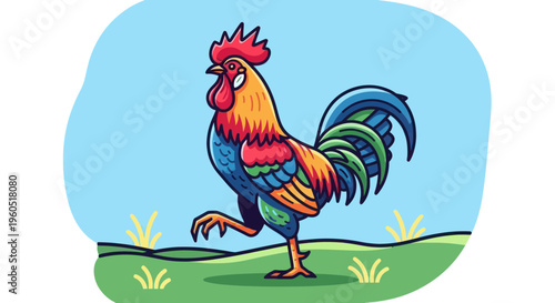 Vibrant Rooster Walking Proudly in a Grassy Field