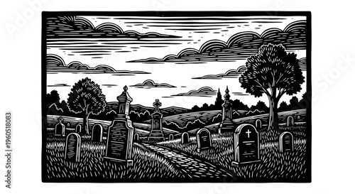 Woodcut Cemetery Landscape with Gravestones and Cloudy Sky