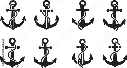 Nautical Anchor Icon Set: Marine and Navy Silhouettes with Rope