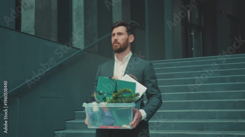 Office worker leaving, Staff member with storage box walking away through empty corporate space with somber attitude