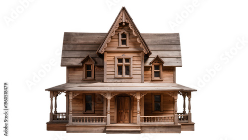 Cuadro en lienzo Detailed wooden dollhouse with gable roof and ornate porch isolated on transpare