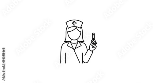 Minimalist line art illustration of a nurse holding a thermometer for medical assessment
