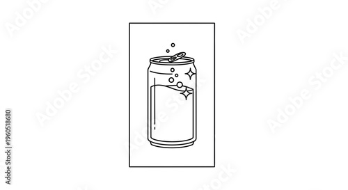 Minimalist line art illustration of an open aluminum can with a sparkling bubbly beverage graphic