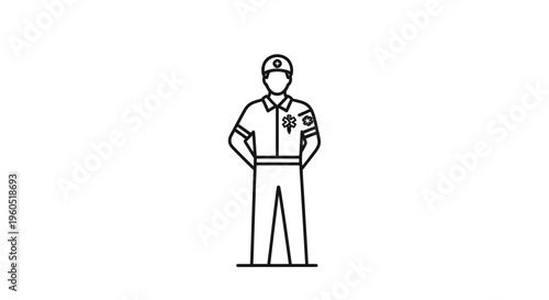Minimalist line art icon representing an emergency medical services professional in uniform standing