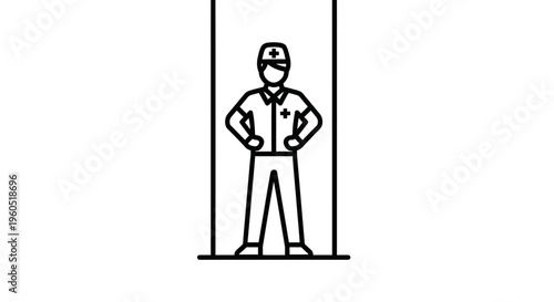Minimalist line art portrayal of a dedicated healthcare professional standing confidently in