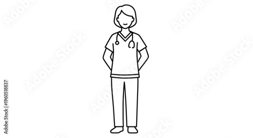 Minimalist Line Art Illustration of a Medical Professional in Scrubs with Stethoscope