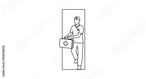 Healthcare professional line drawing with first aid kit ready for urgent medical response