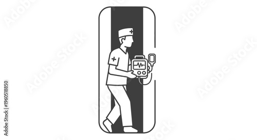 Urgent medical response illustration featuring a healthcare worker with vital monitoring device