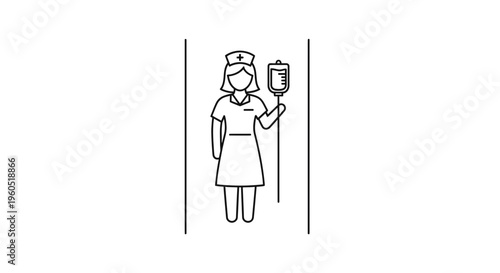 Minimalist line art illustration of a nurse providing essential medical care with an intravenous