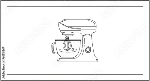 Detailed line art illustration of a modern kitchen stand mixer preparing ingredients for baking