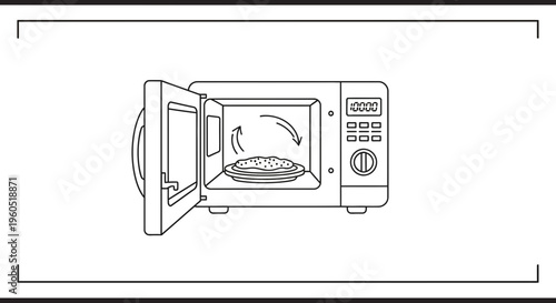 Monochrome vector outline of a microwave oven heating food on a rotating plate inside kitchen
