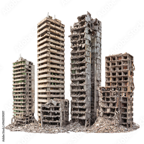 Ruined Skyscrapers Standing Isolated on White Background - Professional Stock Photo