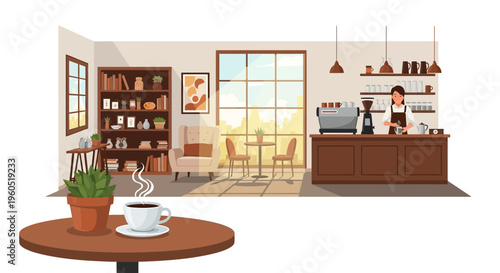 Cozy Coffee Shop Interior with Barista, Bookshelf, and Natural Light - Vector Illustration