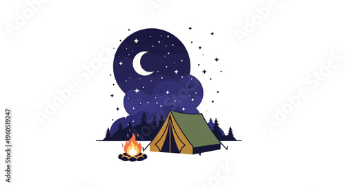 Cozy Camping Scene Under Starry Night Sky with Crescent Moon and Campfire