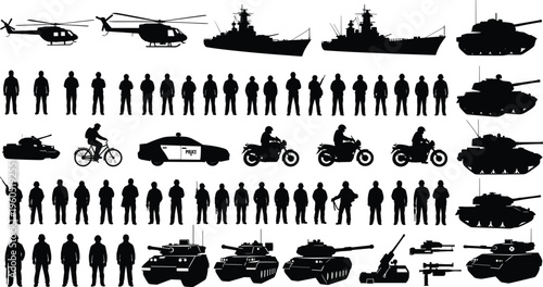 Military and Law Enforcement Silhouette Collection Featuring Soldiers Armed Vehicles Tanks Helicopters Naval Ships Police Cars Motorcycles and Personnel for Tactical Security Vector Graphics Design