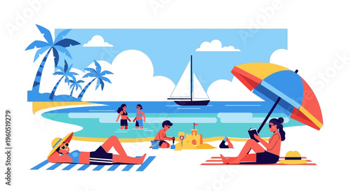 Summer Beach Vacation People Relaxing Sunbathing Reading Sailing Tropical Paradise