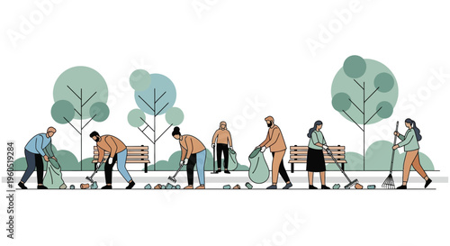 Community park cleanup: diverse volunteers collecting litter and debris with bags and brooms