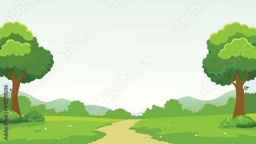 A peaceful landscape featuring a winding path and lush greenery