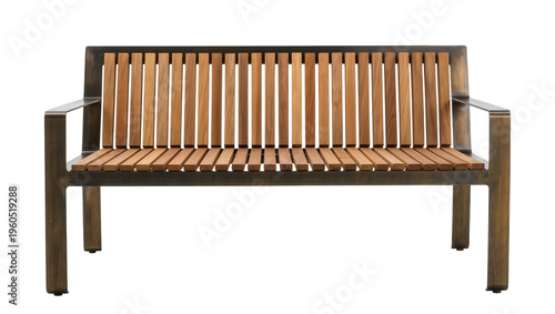 Cuadro en lienzo Modern outdoor park bench featuring natural wooden slats and a sturdy dark bronz