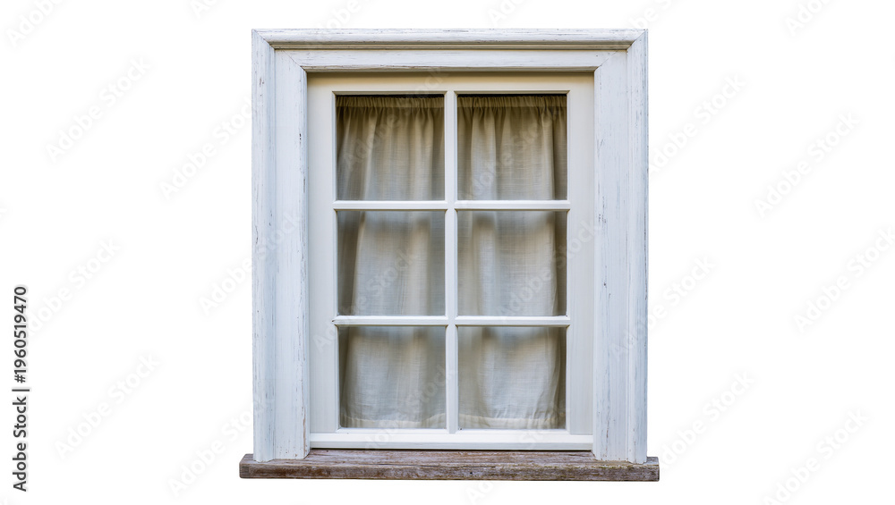 Obraz premium White wooden six-pane window with light beige curtains isolated on transparent background, for decor