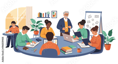 Diverse group of people in a modern office meeting, learning and collaborating around a table.