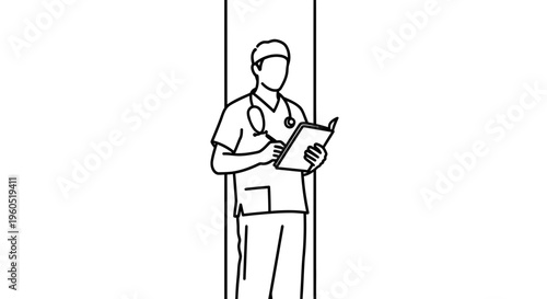 Minimalist line art illustration of a medical professional diligently recording notes in a