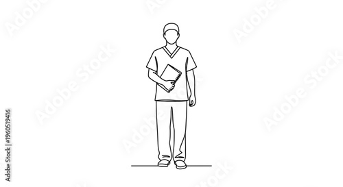 Continuous line drawing of medical professional in scrubs holding notebook minimal art style