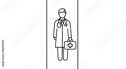 Minimalist line art illustration of a dedicated healthcare professional with medical essentials