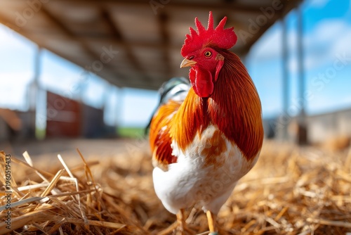 Wallpaper Mural Vivid Rooster with Bright Plumage Standing Alert on Barn Floor in Natural Light Torontodigital.ca