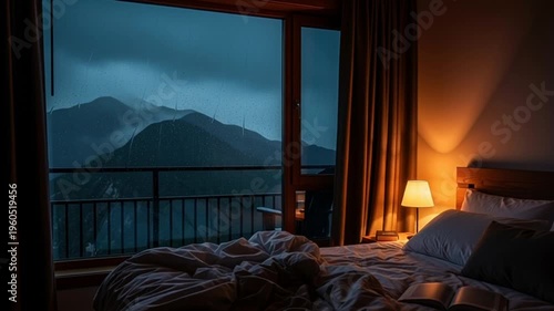 Cozy bedroom with mountain view at dusk
