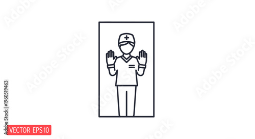 Minimalist icon of a healthcare professional demonstrating clean hands preparing for sterile tasks