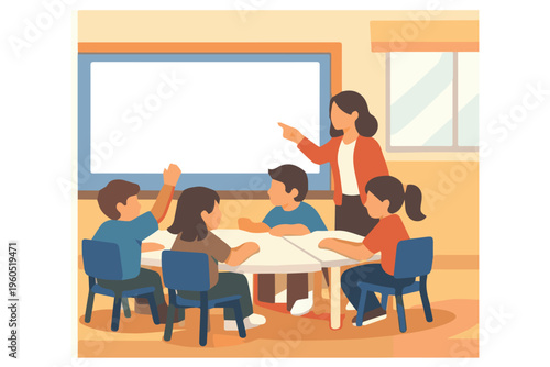 Minimalist vector illustration of a female teacher teaching four kids sitting in class, featuring simple shapes and a friendly style for education and learning concepts.