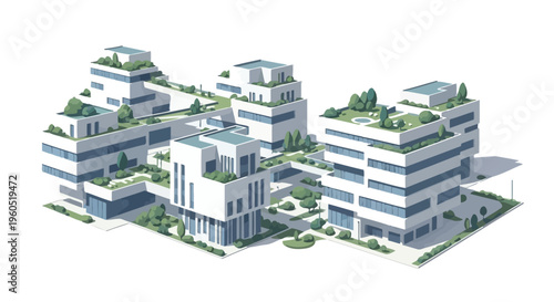 Modern Eco-Friendly Office Buildings with Green Rooftops and Gardens