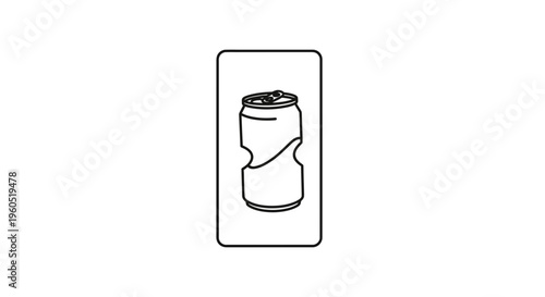 minimalist illustration of a crumpled beverage can within a simple rectangular frame for recycling