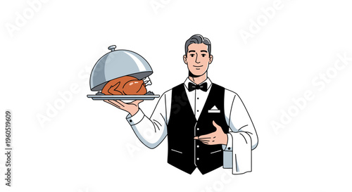 Waiter Serving Roasted Chicken Under Cloche on a Tray