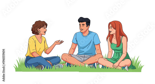 Three friends sitting on grass, talking and smiling, casual conversation outdoors