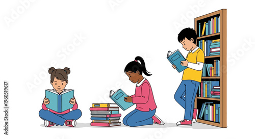 Children reading books in a library, learning and education concept, diverse kids enjoying stories