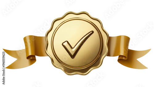 Cuadro en lienzo Golden seal with checkmark and flowing ribbon isolated on transparent background
