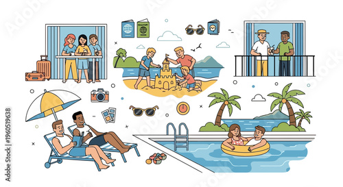 Diverse people enjoying summer vacation activities: beach, pool, travel, relaxation.