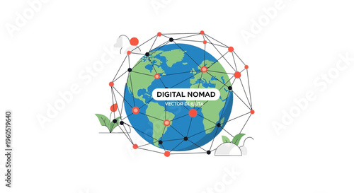 Digital Nomad global connection, world map, network, travel, remote work, technology, modern