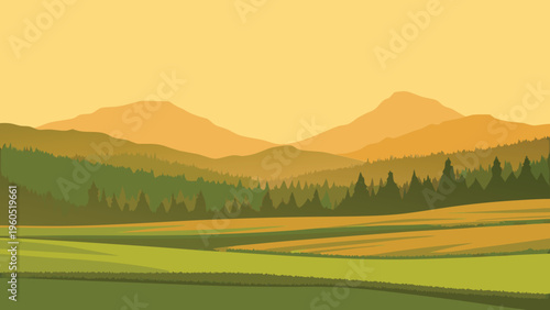 Serene landscape featuring rolling hills and distant mountain peaks