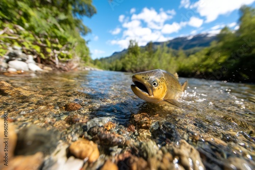 Wallpaper Mural Salmon Migrating Upstream Through Shallow Waters of a Mountain River in Scenic Landscape Torontodigital.ca