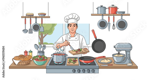 Chef Cooking Delicious Food in Professional Kitchen