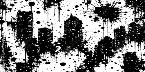 Abstract a creative illustration showcases a metropolitan skyline, realized through artistic ink splatters, creating a visual expression. conveying the urban hustle with an edgy, artistic flair.