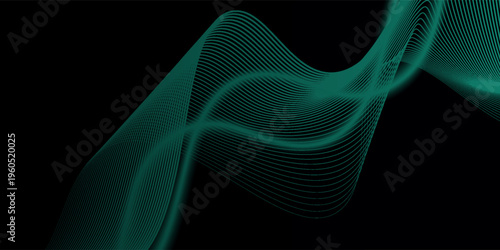 Abstract smooth green wavy lines on black and green background. Simple waves. Digital waves technology