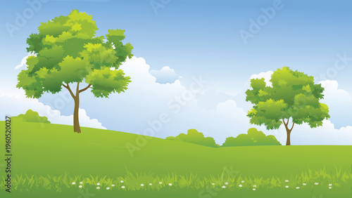 Cartoon illustration of lush green trees and a rolling hillside