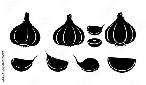 Garlic silhouette vector set with whole bulbs cloves and slices isolated on white background