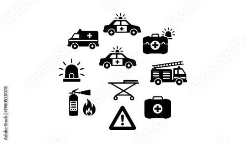 Emergency vehicles and medical safety black silhouette icon collection vector isolated on white background